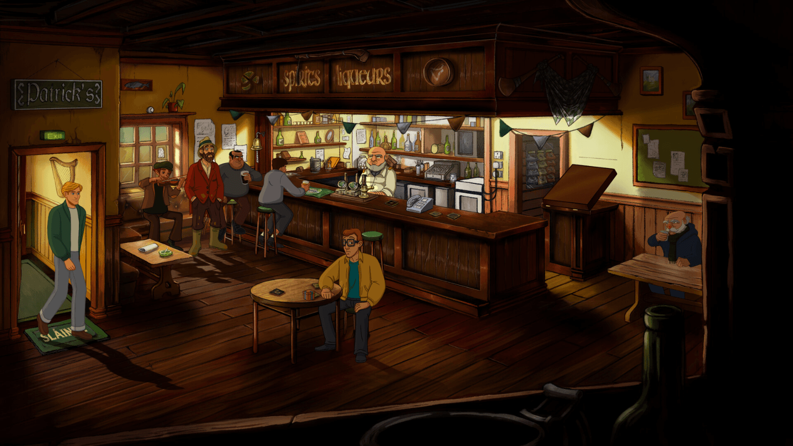 Σκηνή από το Broken Sword: Shadows of the Templars Reforged με τον George Stobbart σε μια ζεστή, παραδοσιακή παμπ, γεμάτη λεπτομέρειες, όπως θαμώνες, τον μπάρμαν και μουσικούς στο βάθος.